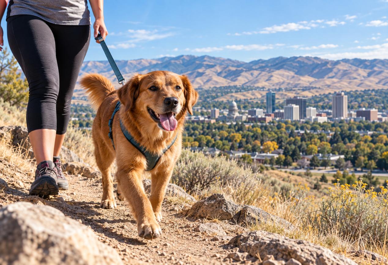 Golden retriever hiking on a Boise foothills trail with its owner, illustrating how extra weight can affect a dog's stamina and outdoor activity.